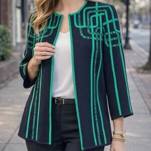 MING WANG Black Knit Cardi Jacket w/Green Trim